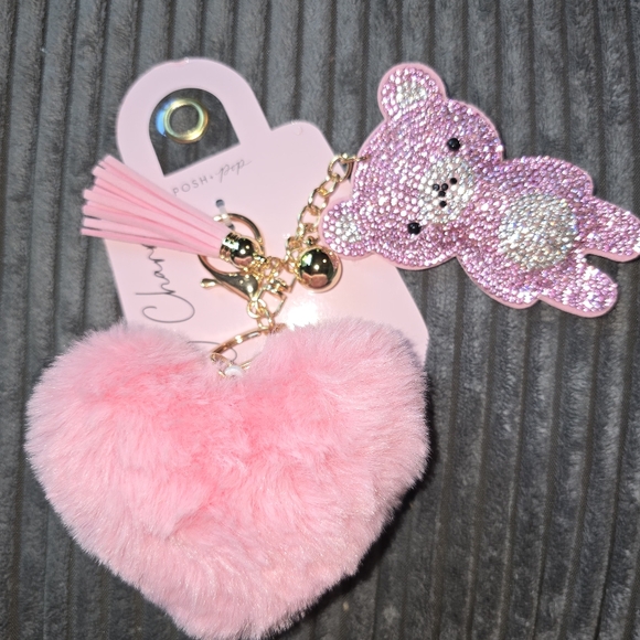 Nwt Bag Charm Pink Glitter Bear Keychain Heart - Picture 1 of 1